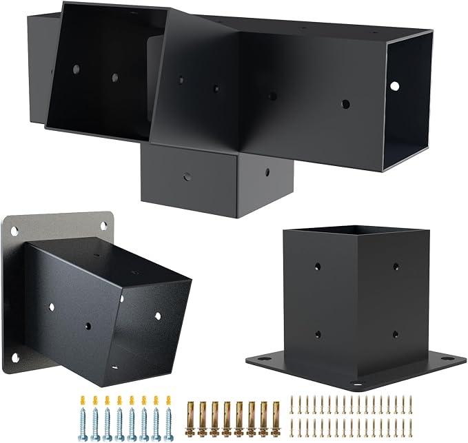 Pergola Kit with Brackets, 15°Slanted Roof Pergola Bracket Kit, Roof Wall Mount Extension Bracket Kit 4-Way Brackets for Pergolas,Log Cabin Outdoor Pergola 4"x 4" (Actual 3.5" X 3.5") Lumber