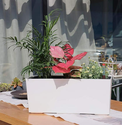 SAROSORA 14" Self Watering Planter Pots with Water Level Indicator, Rectangle Matte Plastic Window Box for Indoor Outdoor, Herbs Succulents Flowers House Plants (White)