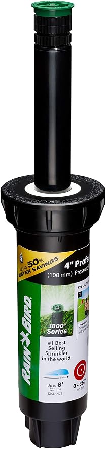 Rain Bird 1804AP8PRS Pressure Regulating (PRS) Professional Pop-Up Sprinkler, Adjustable 0-360° Pattern, 6' - 8' Spray Distance, 4" Pop-up Height