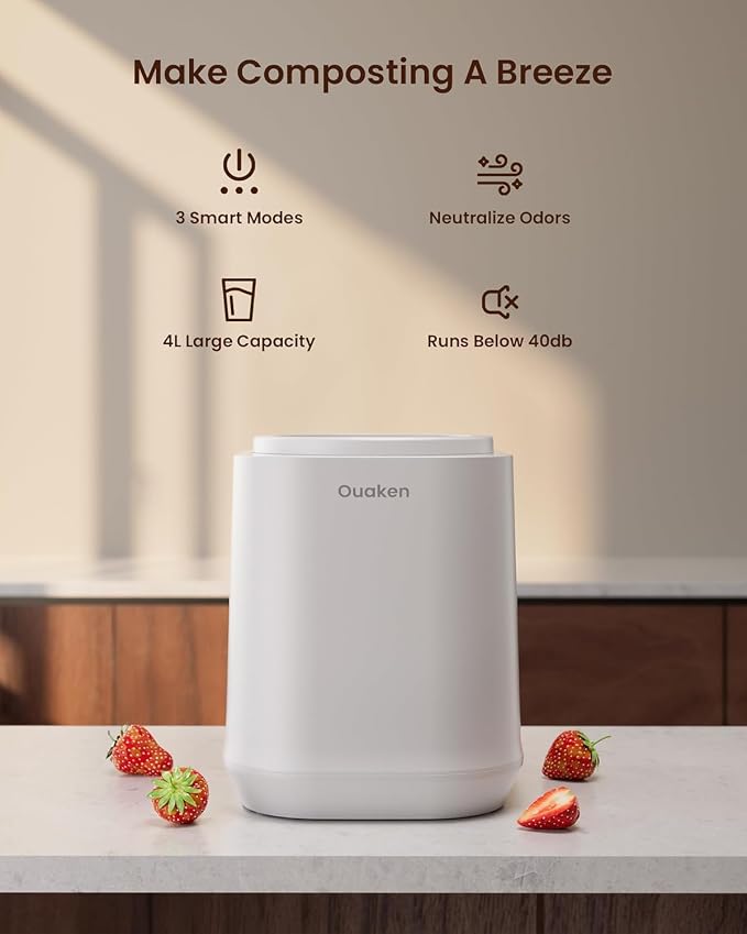 4L Electric Composter for Kitchen, Smart Countertop Compost Bin, Odorless | Low Noise | Auto-Cleaning | Turn Food Waste into Fertilizer, Indoor Food Waste Compost Machine, White