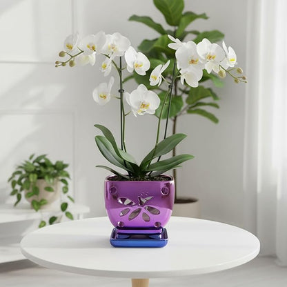 Orchid Pots with Holes Square Ceramic Orchid Planter Pots 5.5 inch (Purple)