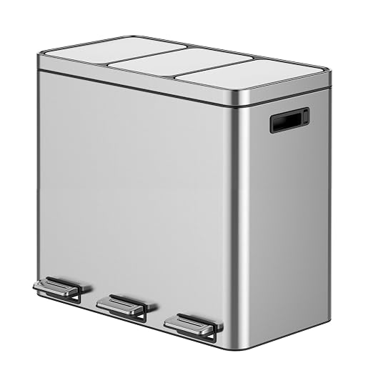 16 Gallon 3-Compartment Kitchen Trash Can, 60L Stainless Steel Step-On Recycle Bin with Soft Close Lid, Odor-Proof Triple Sorting System with 3 Removable 5.3 Gal Inner Buckets, Fingerprint-Resistant