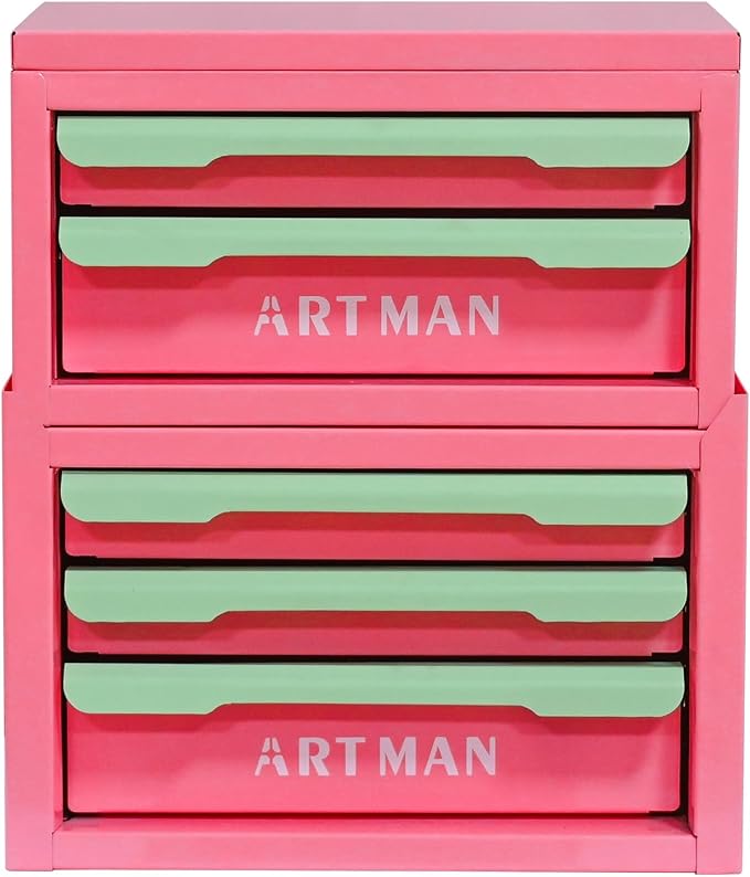 Metal Tool Box with Sliding Drawers, 5-Drawer Desktop Tool Box, Small Steel Tool Chest, Portable Benchtop Toolbox for Jewelry & Office DIY Pink&Creamy Green