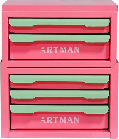Metal Tool Box with Sliding Drawers, 5-Drawer Desktop Tool Box, Small Steel Tool Chest, Portable Benchtop Toolbox for Jewelry & Office DIY Pink&Creamy Green