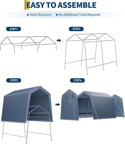 7x12 ft Outdoor Storage Shed, Portable Carport with Roll-up Ventilated Zipper Door and Windows, Heavy Duty Waterproof Tarp, Storage Sheds for Motorcycle, Bike, Firewood, Garden Tools