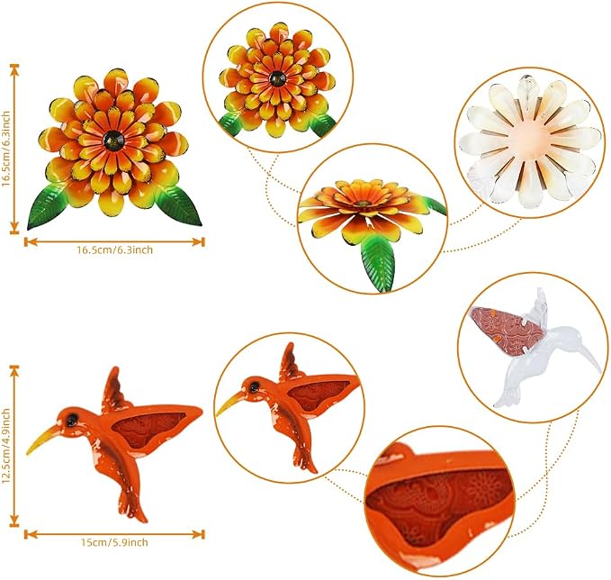 8 PCS Metal Hummingbird Flower Wall Art Garden Decor, 6“ Birds Sunflower Outdoor Wall Art, 3D Colorful Bird Wall Hanging Art Sculpture Outside Living Room Porch Garden Yard