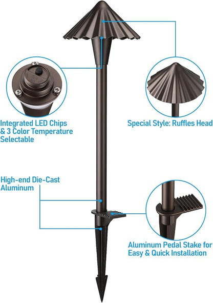 LEONLITE 6-Pack 3CCT Low Voltage LED Pathway Lights, Ruffles Head | 12-24V AC/DC, IP65, LED Landscape Path Lights, for Walkway Yard Garden, 3000K/4000K/5000K, Oil Rubbed Bronze, Aluminum