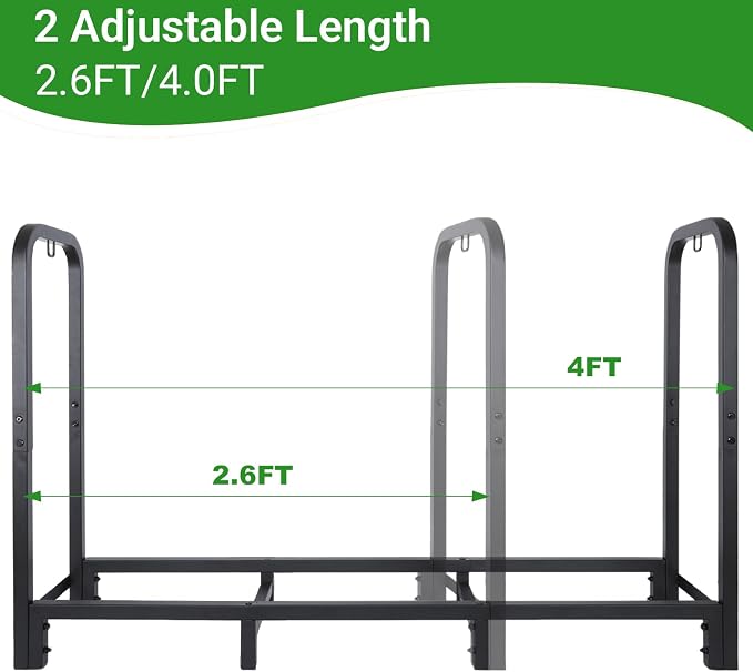 4FT Firewood Rack Outdoor, Holds 1543 LBS with 8 Sturdy Legs, Adjustable 2.6FT Elevated Log Holder Keeps Wood Dry, Black