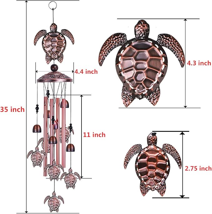 Sea Turtle Wind Chimes Outdoor Indoor Decor - With 4 Tubes 6 Bells 7 Turtles 37In Waterproof Suspension Mobile Tortoise Wind Chimes for Home, Xmas Mom Gifts, Balcony, Festival, Tree, Garden Decoration