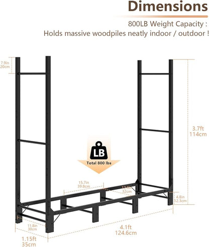 C-Hopetree 4Ft Outdoor Indoor Firewood Rack, Adjustable Metal Log Holder for Fireplace, Heavy Duty Wood Pile Storage Organizer Stacker Stand, Black