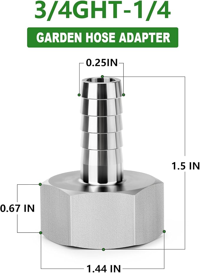TAISHER 2PCS 304 Stainless Steel Garden Hose Repair Connector, 1/4" Barb x 3/4" GHT Female Garden Hose Adapter with Hose Clamps
