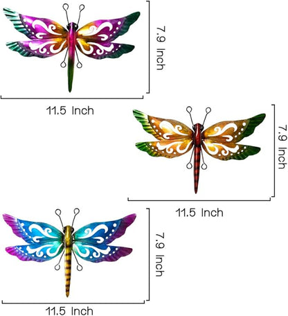 Dragonfly Garden Decor, 3 Pack Colorful Metal Dragonfly Wall Decor, Outdoor Decor Art for Patio, Yard, Fence, Garden, Outside, Backyard, Balcony