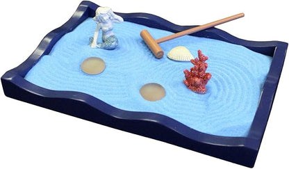 Nature's Mark Mini Zen Garden Kit for Desk with Rake, Blue Sand, Miniature Mermaid Clam Corlal Figures, Wavy Base, Glass Rocks