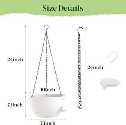 2 Pack 10 Inch Self Watering Hanging Planters for Indoor Plants, Large White Plastic Hanging Pots with Chains for Outdoor Patio Garden Home Decor (White)