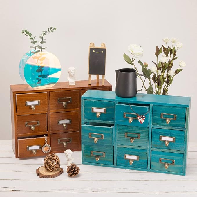 Apothecary Drawers Apothecary Cabinet with Drawers, Blue | 9 Drawer Library Card Catalog, Wooden Storage Box, Wooden Desktop Organizer with Metal Handles-Fulled Assembled