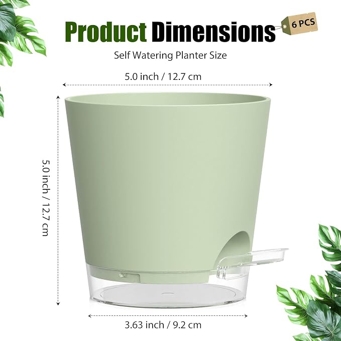 Plant Pots 5 Inch Self Watering Pots,6 Pack Plastic Planters with Drainage Holes and Clear Saucers,Plastic Flower Pots,Nursery Planting Pot for Indoor Out Door Plants (Green)