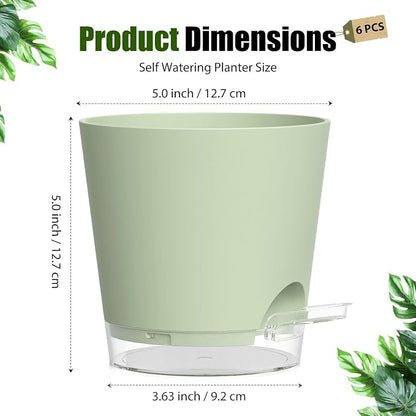 Plant Pots 5 Inch Self Watering Pots,6 Pack Plastic Planters with Drainage Holes and Clear Saucers,Plastic Flower Pots,Nursery Planting Pot for Indoor Out Door Plants (Green)