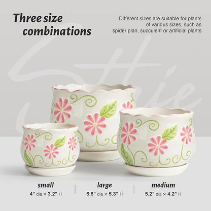 STHIE Pink Ceramic Flower Pots, 4"+5.2"+6.6" Inch Small Flower Pots for Indoor Plant with Drainage Hole,Modern Decorative Plant Pots Set of 3, Indoor Planters with Saucer