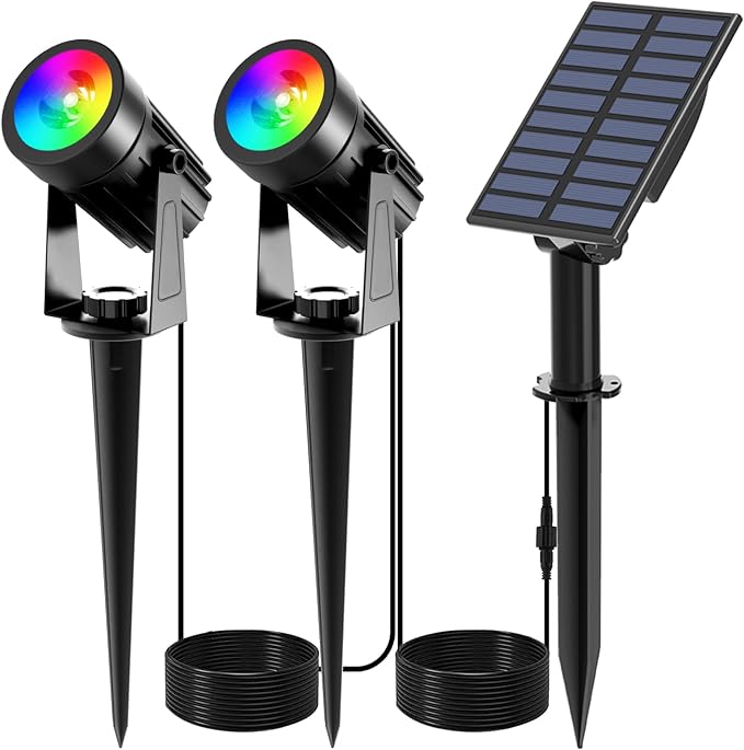 T-SUNUS RGB Solar Spot Lights Christmas, Metal Color Changing Landscape Spotlights IP65 Waterproof Spotlight 2-IN-1 Separated Panel for Outdoor Uplighting Garden Pathway Trees Flag Pond Yard Halloween