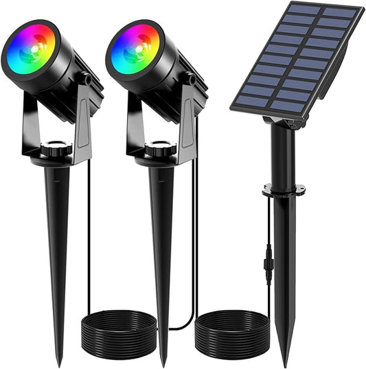 T-SUNUS RGB Solar Spot Lights Christmas, Metal Color Changing Landscape Spotlights IP65 Waterproof Spotlight 2-IN-1 Separated Panel for Outdoor Uplighting Garden Pathway Trees Flag Pond Yard Halloween