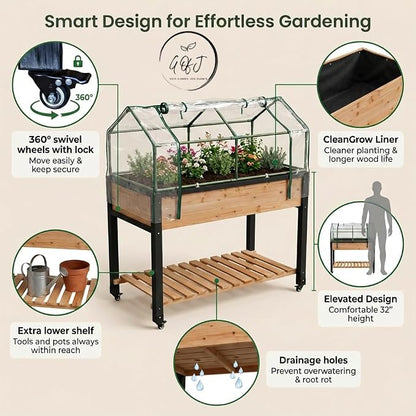 GOJ Raised Garden Bed Wood 48x24x32 inch with Greenhouse & Lockable Wheels - Elevated Wood Planter Box for Outdoors Vegetable Flower Bed Herb Planter - 400 lbs Capacity