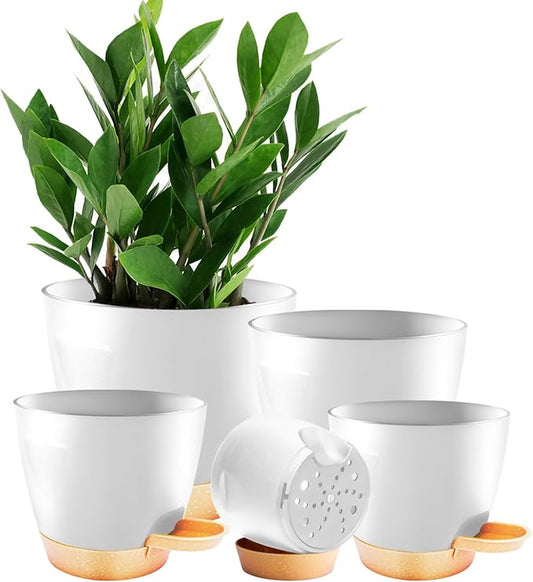 Self Watering Plant Pots with Drainage & Saucers, 5-Pack 7/6.5/6/5.5/5 in - Plastic Flower Pots for Indoor Plants, Succulents & Herbs, Planters for Indoor Outdoor & Balcony (White)