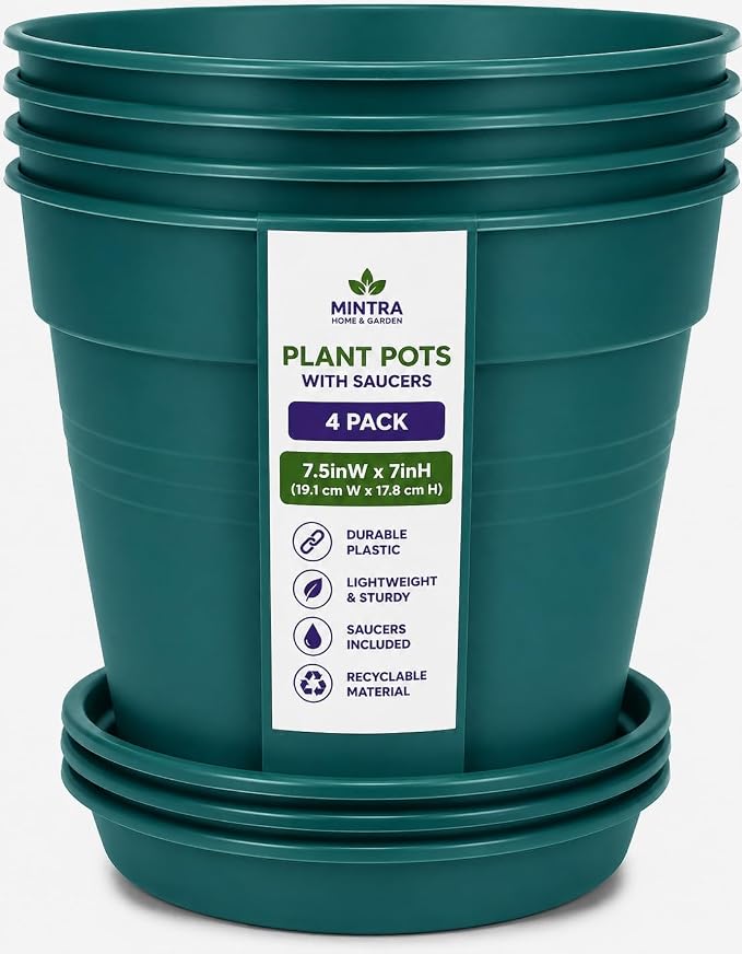 Mintra Garden Pots, 4 Pack Bulk Plastic Plant Pots with Drainage Tray, Round Indoor & Outdoor Decorative Planters with Drain Holes for Flowers, Herbs & Plants, 19cm Diameter – Forest Green, 7.5 in