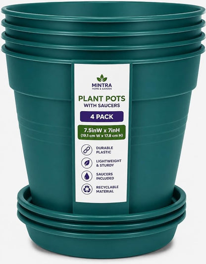 Mintra Garden Pots, 4 Pack Bulk Plastic Plant Pots with Drainage Tray, Round Indoor & Outdoor Decorative Planters with Drain Holes for Flowers, Herbs & Plants, 19cm Diameter – Forest Green, 7.5 in