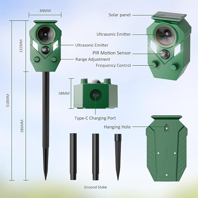 2-Pack Solar Powered Ultrasonic Animal Repeller with Motion Sensor, Outdoor Waterproof Deer Repellent Devices with Flashing Light for Garden, Yard & Patio, Coyotes, Raccoons, and Cats