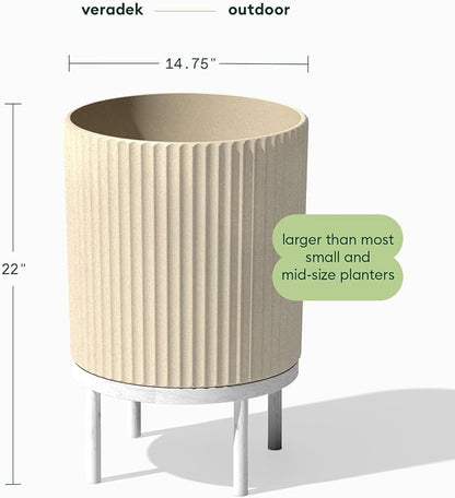 Veradek Demi Series Round Planter w/Stand for Porch/Patio | Durable Plastic-Stone Composite & Wooden Stand | Modern Décor for Tall Plants, Flowers