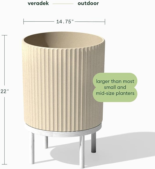 Veradek Demi Series Round Planter w/Stand for Porch/Patio | Durable Plastic-Stone Composite & Wooden Stand | Modern Décor for Tall Plants, Flowers