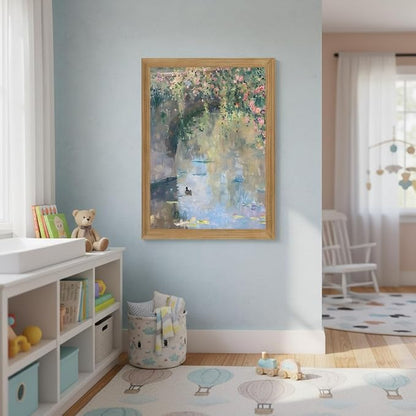 Framed Monet Wall Art, Water Lilies Pond Landscape Canvas Print, 16x24in | Vintage floral pond art in rustic wood frame for bedroom, bathroom, living room or French country decor
