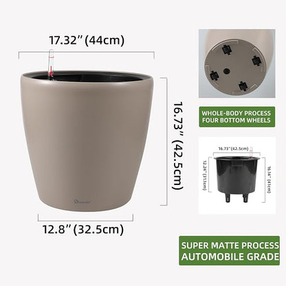 Dexceder 18x17 Self Watering Planter with Wheels (Taupe Matte) | Inner Pot Design, Thickened Large Floor Standing Flower Plant Pot with Water Level Indicator Indoor Outdoor