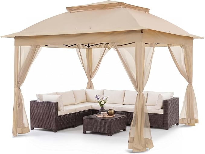 COOS BAY 11x11 Pop Up Gazebo with Mesh Netting, Instant Outdoor Canopy Tent, Water Resistant Shelter with UPF 50+ UV Protection, 121 Sq Ft Coverage, Khaki