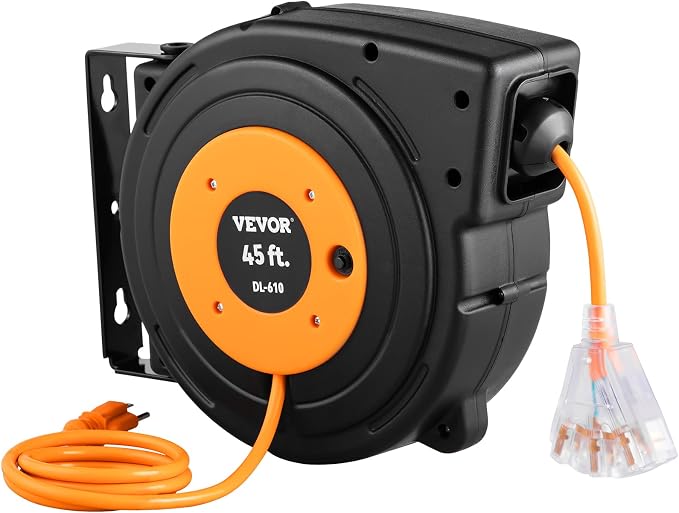 VEVOR Retractable Extension Cord Reel, 45 FT, Heavy Duty 12AWG/3C SJTOW Power Cord, with Lighted Triple Tap Outlet, 15 Amp Circuit Breaker, 180° Swivel Bracket for Ceiling or Wall Mount | Automatic Retractable with Lighted Triple Tap Outlet, 15 Amp Cir...