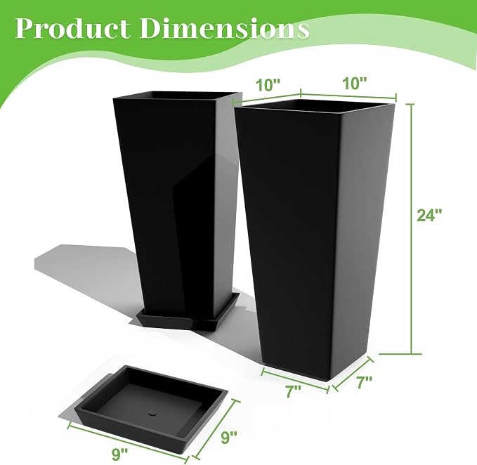 FENCY Set of 2 Tall Planters for Outdoor Plants, Black | 24 Inch Plant Pots with Drainage Hole & Trays, Plastic Tapered Flower Pots for Plants, Weather-Resistant