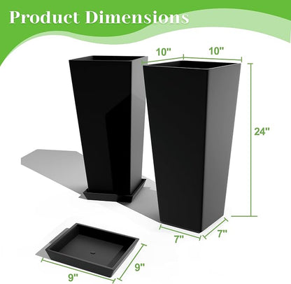 FENCY Set of 2 Tall Planters for Outdoor Plants, Black | 24 Inch Plant Pots with Drainage Hole & Trays, Plastic Tapered Flower Pots for Plants, Weather-Resistant