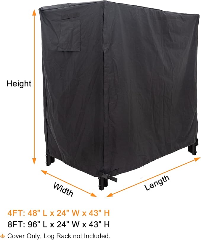 Heavy Duty Waterproof 600D Oxford Fabric Firewood Log Rack Cover, Black, 4-Feet