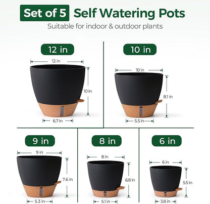 T4U 5 Pack Self Watering Pots (6"+8"+9"+10"+12") - Water Level Indicator & Deep Reservoir, Mess-Free Planters for Busy People, Beginners & Gardeners, Fit Most Plants, Indoor Outdoor Use (Black)