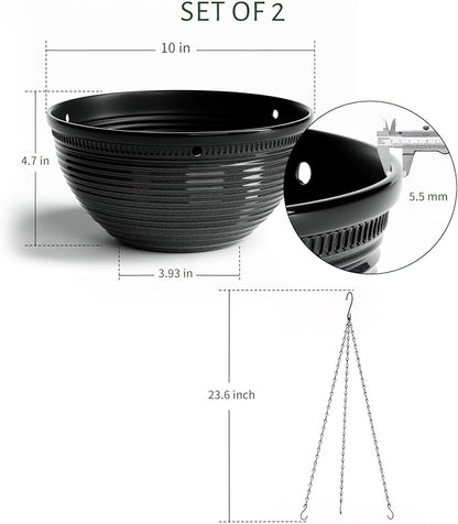 Vanslogreen 2 Pack Hanging Planters for Indoor Outdoor Plants, 10 Inch Hanging Planter with Drainage Hole & Plug Glazed Hanging Baskets Flower Pots for Garden Home (Black)