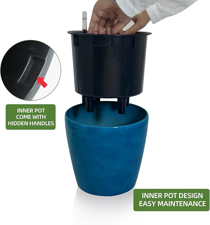 Dexceder 11x10 Self Watering Planter (Peacock Blue Gradient) | Inner Pot Design, Thickened Table Flower Plant Pot with Water Level Indicator Indoor Outdoor