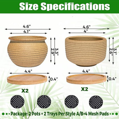MUZHI Rustic 4 inch Bonsai Plant Pot with Bamboo Tray Set of 4, Unglazed Ceramic Succulent Cactus Pot Indoor Outerdoor with Drainage Hole