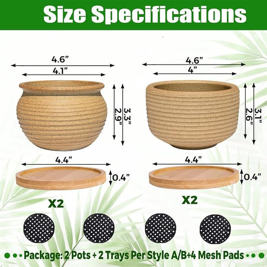 MUZHI Rustic 4 inch Bonsai Plant Pot with Bamboo Tray Set of 4, Unglazed Ceramic Succulent Cactus Pot Indoor Outerdoor with Drainage Hole