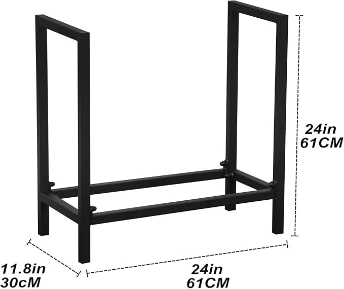 MBQQ Industrial Rustic 24" Firewood Log Rack for Home Fireplace Decoration, Indoor/Outdoor Wrought Iron Firewood Holder, Metal Lumber Storage Rack, Black