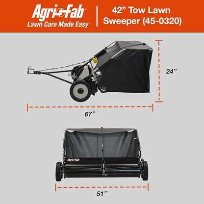 Agri-Fab 42 In Tow-Behind Lawn Sweeper with 12 Cu Ft Hopper Bag, Adjustable Brush Height and Easy Dump Rope