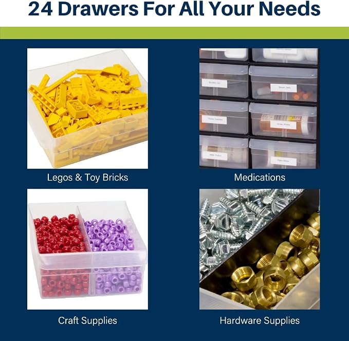 Akro-Mils 24-Drawer Plastic Drawer Storage Cabinet for Garage Organization, Bead Organizer, Building Bricks Storage, Teacher Toolbox, Makeup Organizer, 20-Inch W x 6-Inch D x 16-Inch H, 10124 Yellow
