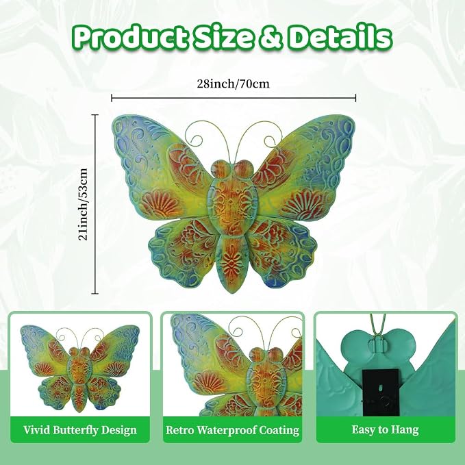 VEWOGARDEN Butterfly Wall Decor, Large Outdoor Metal Hanging Wall Art for Home Outside Patio Garden Fence Decorations, Turquoise