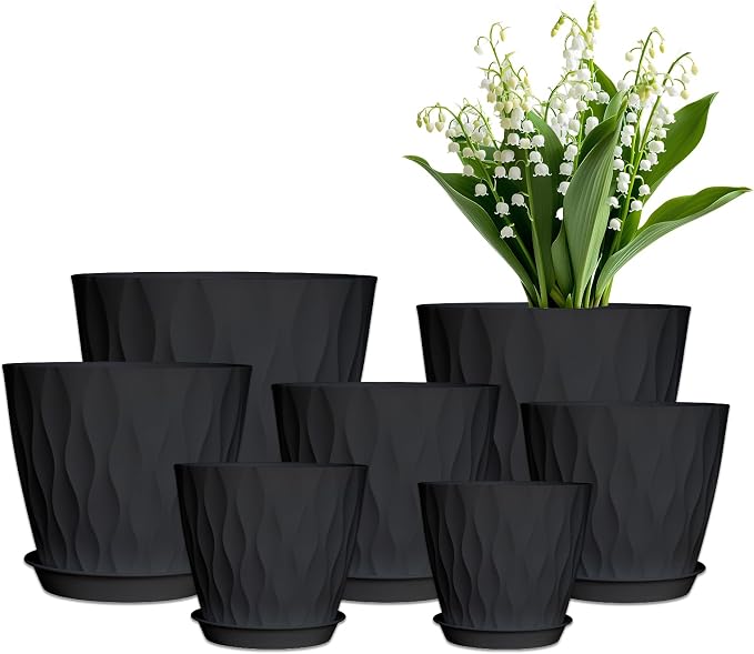 Plant Pots, Plastic Flower Pots for Indoor & Outdoor Plants, Planters with Drainage Holes and Saucer, Garden Pot for Plants (Black 7/6.5/6/5.5/5/4.5/4 inch)
