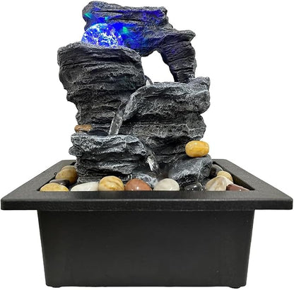 Indoor Tabletop Water Fountain Rotating Ball Rock Waterfall Fountain with Colorful Lights and Natural River Rocks, Zen Meditation for Home Office Decor (B)