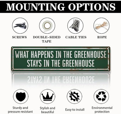 Greenhouse Metal Tin Sign, Rustic Farmhouse Garden Decor, What Happens in the Greenhouse Stays Sign, Vintage Garden Wall Art, for Greenhouses Yard Fence Porch,15.7 x 3.9 Inches